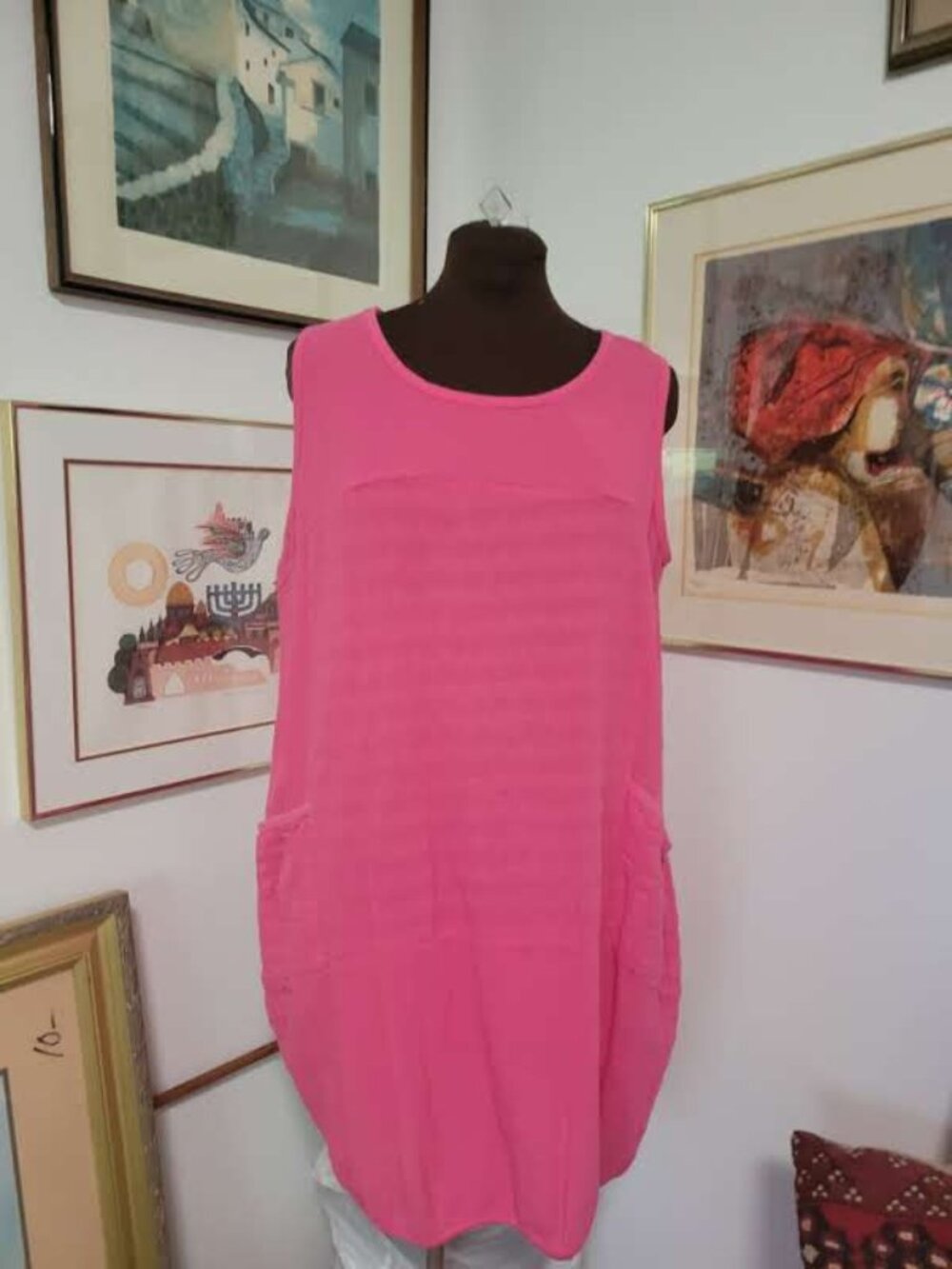 Hot PInk Cotton LInen Blend Sheath dress with pockets